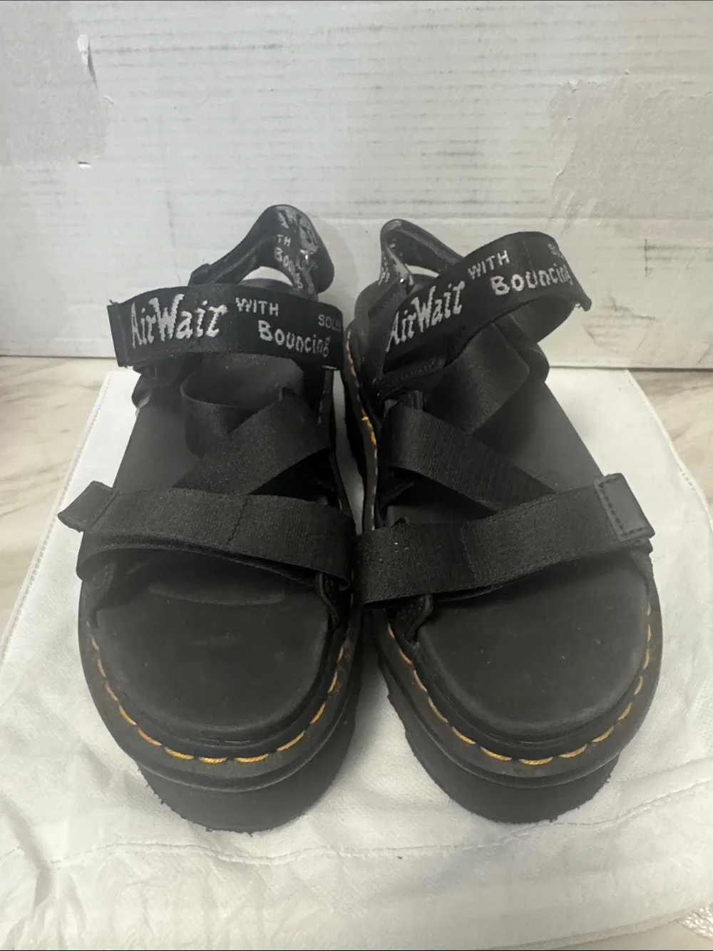 Dr. Martens Black Platform Espadrille Sandals with Yellow Stitching